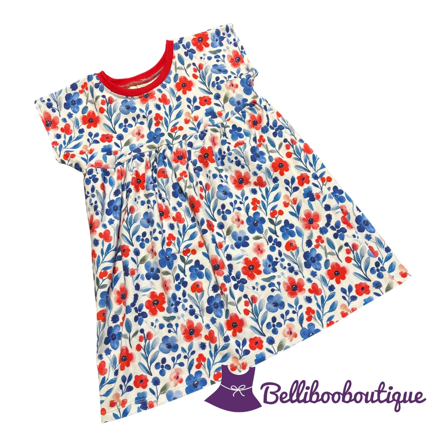 Patriotic Floral Dress Size 4T Red White Blue Handmade Summer Dress Cotton Knit Dolman Sleeve Fourth of July Outfit