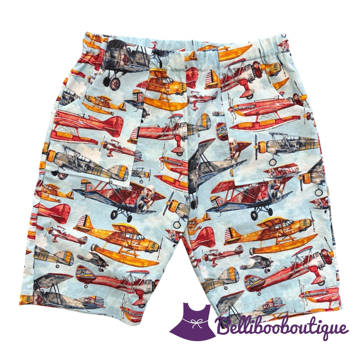 Boys Airplane Print Shorts Size 5 | Handmade Light Blue Cotton Woven Shorts with Pockets