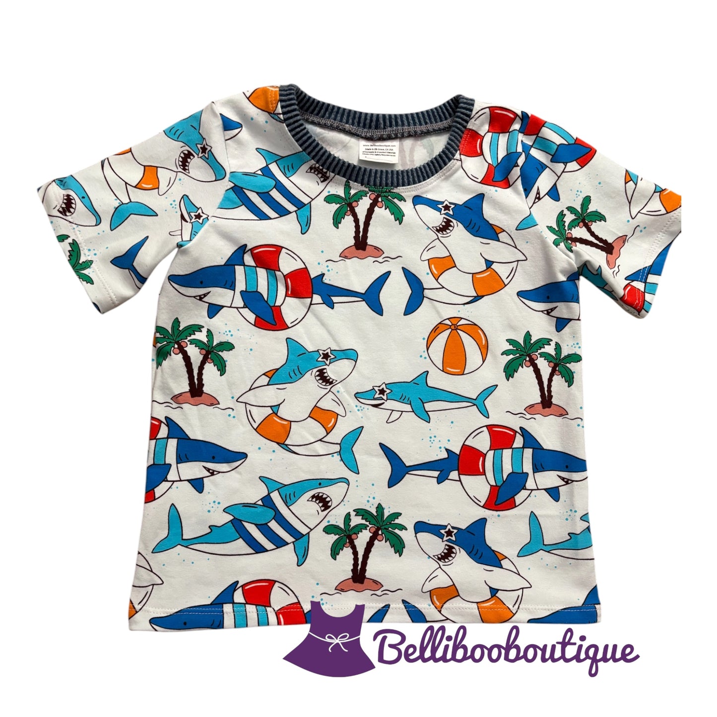 Handmade Shark Beach T-Shirt Size 6 | Kids Summer Cotton Knit Tee with Palm Trees & Beach Balls