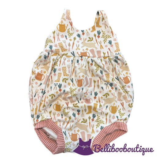 Baby Bunny Bubble Romper 12 Months | Handmade Cotton Knit Garden Bunny Romper