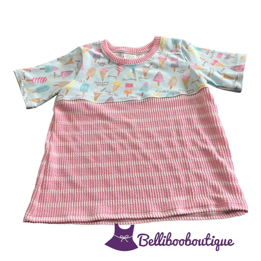 Girls Ice Cream Color Block Tee | Pink & White Striped Urban Rib | Handmade Summer Shirt | Size 7