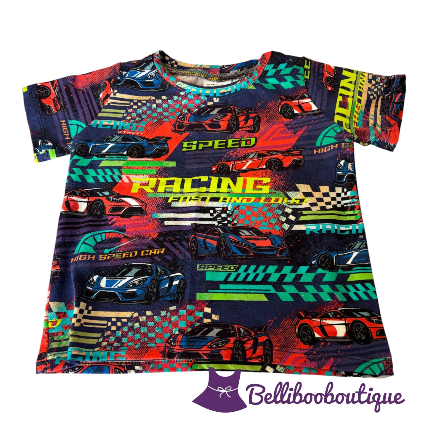 Race Car T-Shirt Size 18 Months Red Blue Aqua Yellow Cotton Knit Handmade Short Sleeve Toddler Shirt