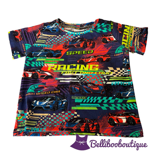 Race Car T-Shirt Size 18 Months Red Blue Aqua Yellow Cotton Knit Handmade Short Sleeve Toddler Shirt