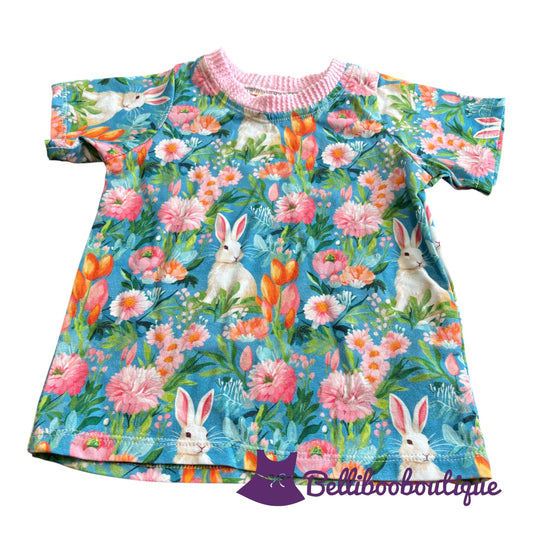 Floral Bunny T-Shirt Size 2T Handmade Short Sleeve Tee Turquoise Pink White Orange Flowers Cotton Knit Spring Summer Girls Boutique Clothing