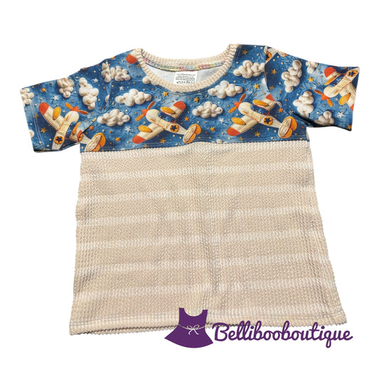 Boys Airplane Color Block Shirt Size 3T | Handmade 3D Airplane Print & Striped Urban Rib Tee