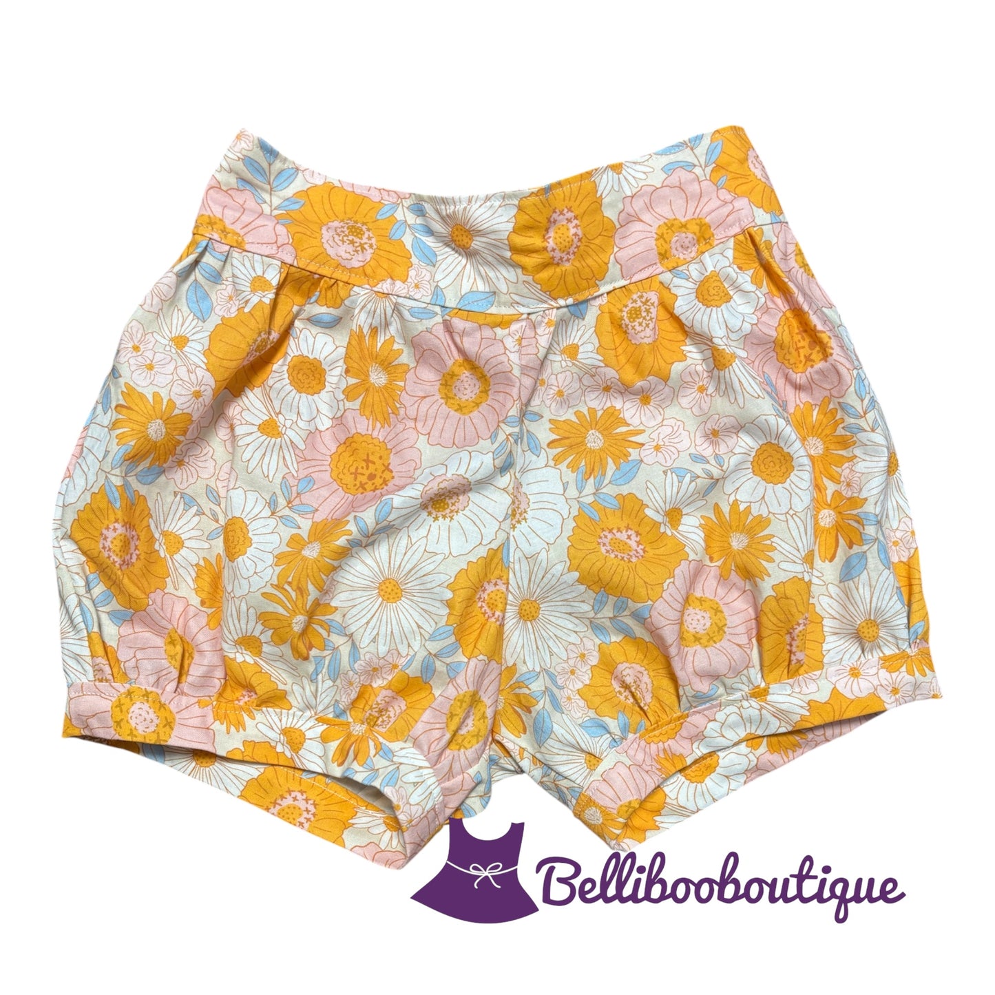 Girls Floral Bubble Shorts Size 7 Handmade Cotton Woven Orange Pink Blue Summer Shorts