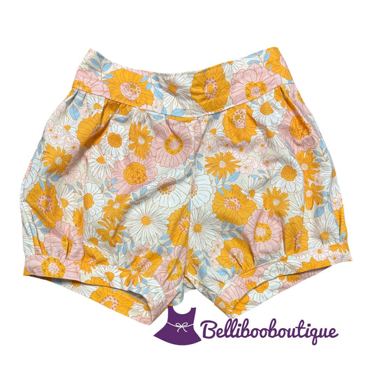 Girls Floral Bubble Shorts Size 7 Handmade Cotton Woven Orange Pink Blue Summer Shorts