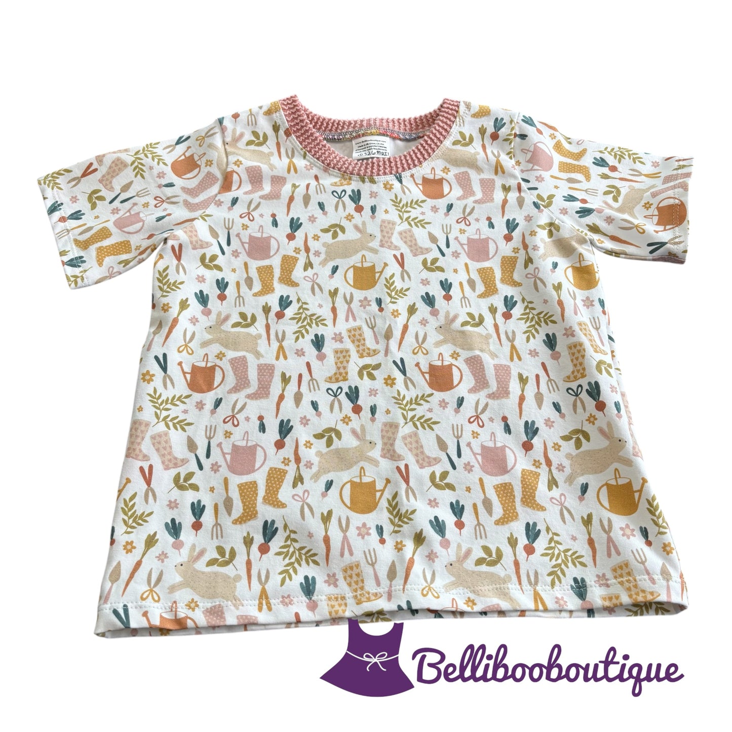 Size 6 Bunny Garden T-Shirt Handmade Cotton Knit Short Sleeve Shirt Pink Beige Gold Watering Cans Garden Boots Spring Kids Top