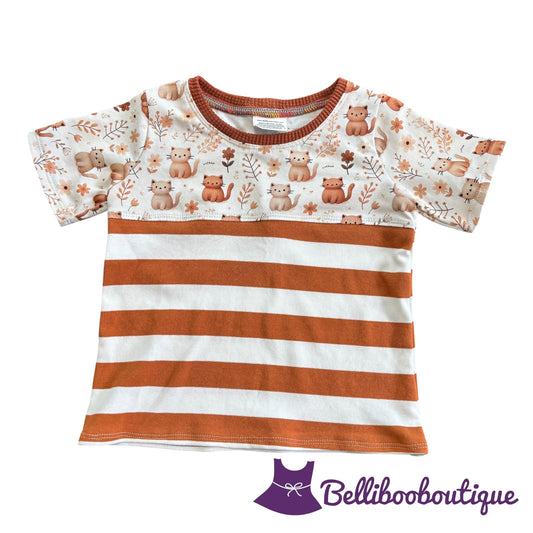 Size 3T Kitty Color Block T-Shirt Handmade Cotton Knit Short Sleeve Top Burnt Sienna Cats and Stripes