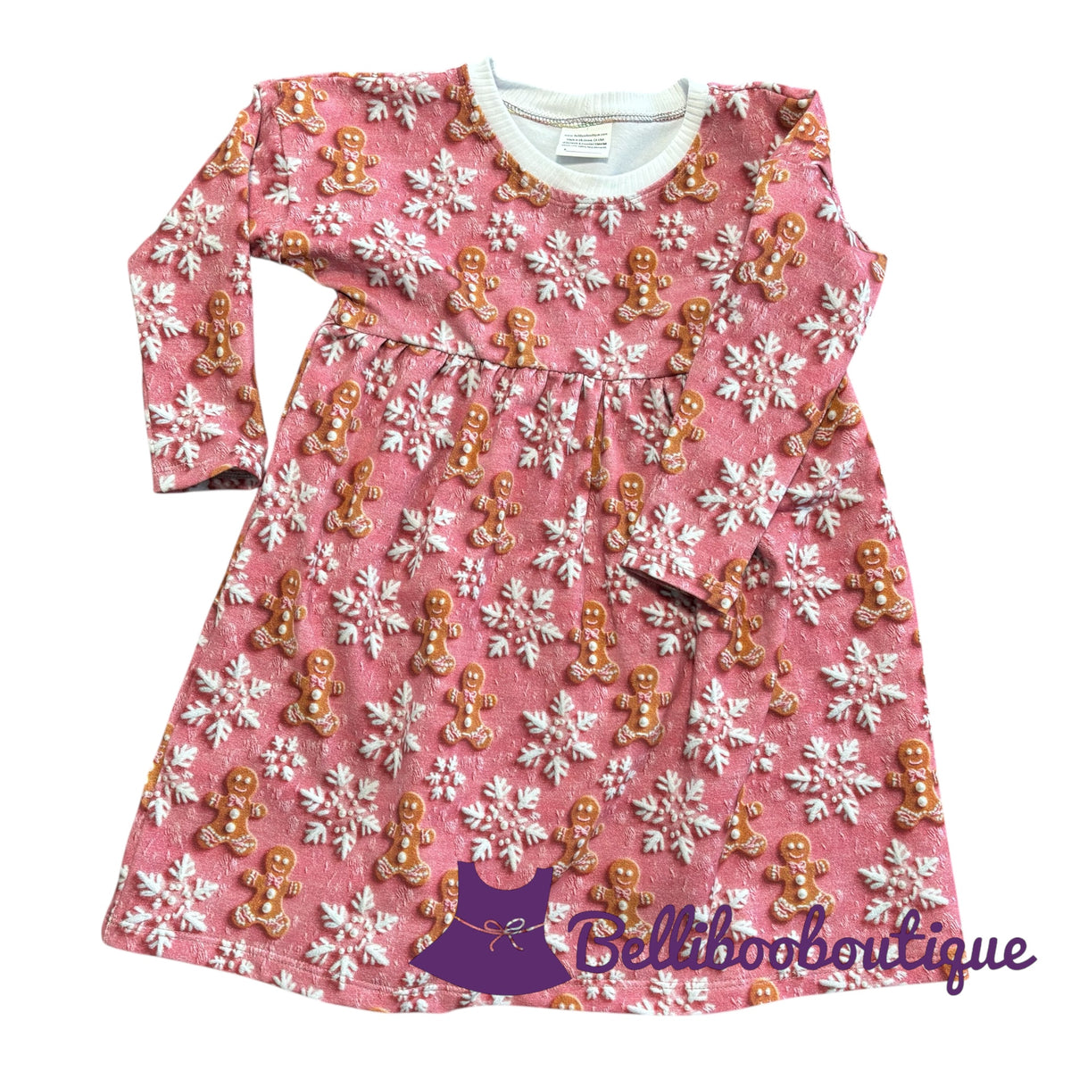 Pink Gingerbread & Snowflake Christmas Dress – Size 4T | Handmade Girls Long Sleeve Knit Dress