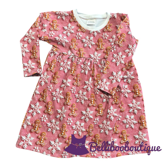Pink Gingerbread & Snowflake Christmas Dress – Size 4T | Handmade Girls Long Sleeve Knit Dress