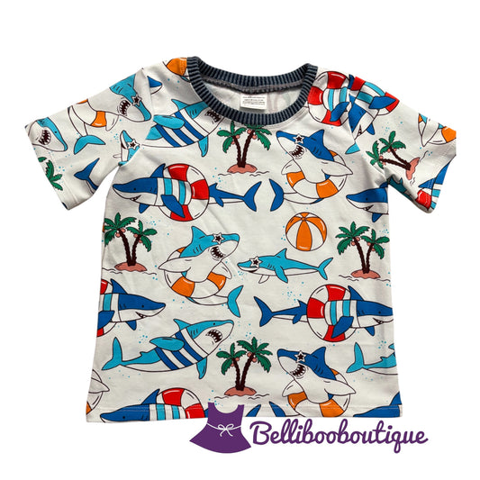 Handmade Shark Beach T-Shirt Size 6 | Kids Summer Cotton Knit Tee with Palm Trees & Beach Balls