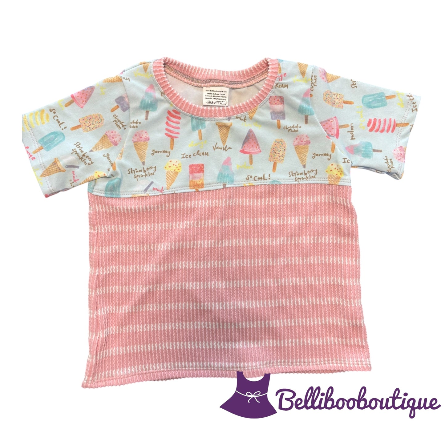 Girls Ice Cream Color Block Tee | Pink & White Striped Urban Rib | Handmade Summer Shirt | Size 7