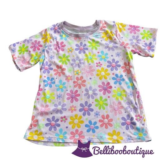 Size 7 Pink Daisy Shirt Handmade Rib Knit Short Sleeve Top Colorful Floral Retro Summer Kids Clothing
