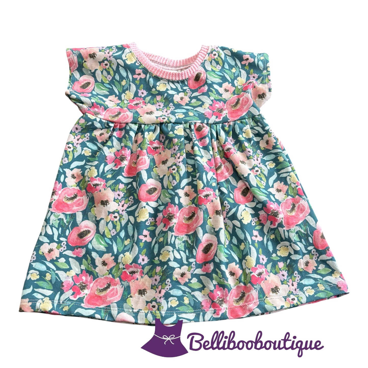 Girls Floral Dolman Dress Size 2T Pink Green Pale Yellow Cotton Knit Handmade Spring Summer Outfit